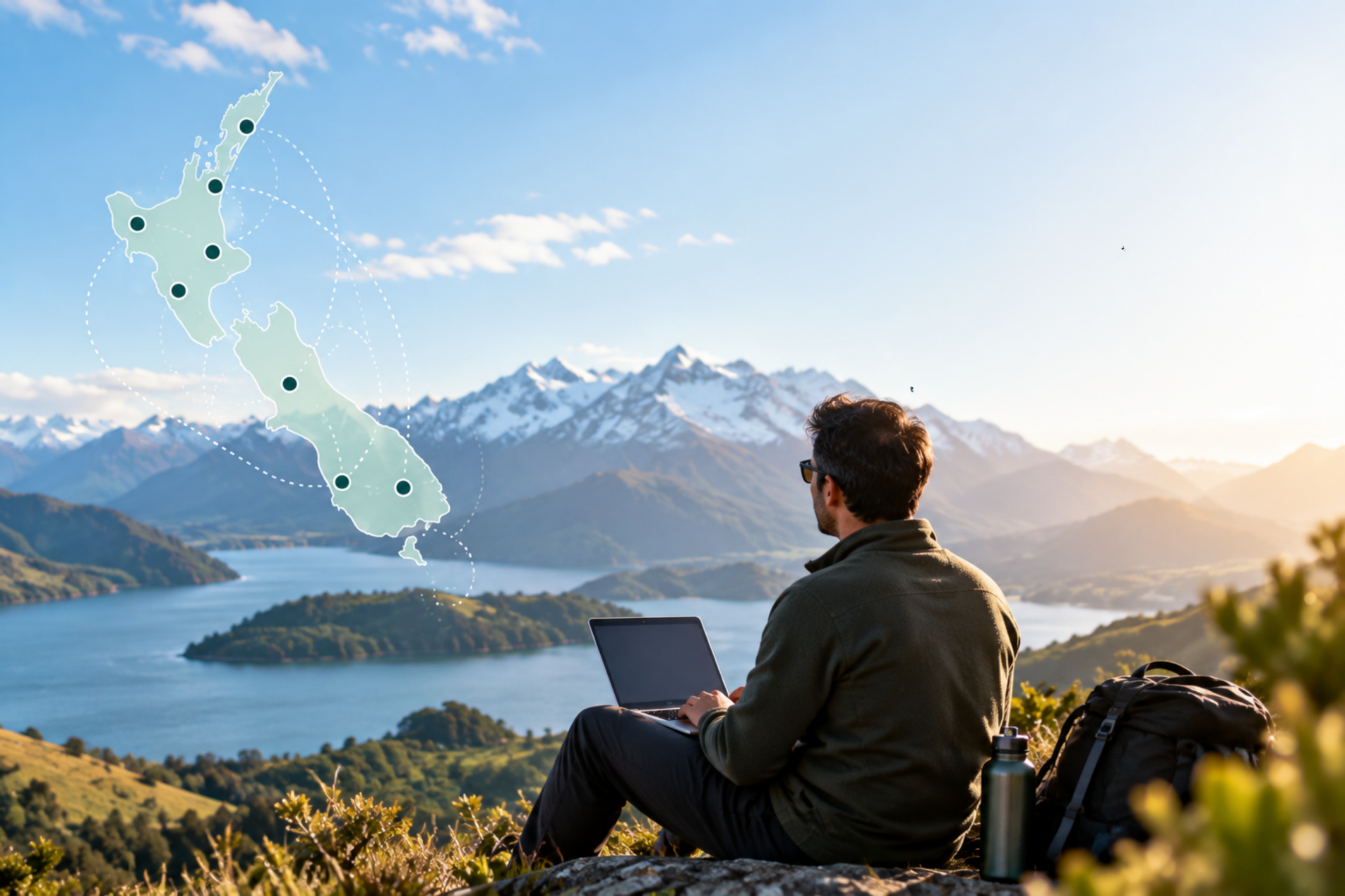 Person working on a laptop above a Australia lake and mountains, with a map showing telehealth care across the country
